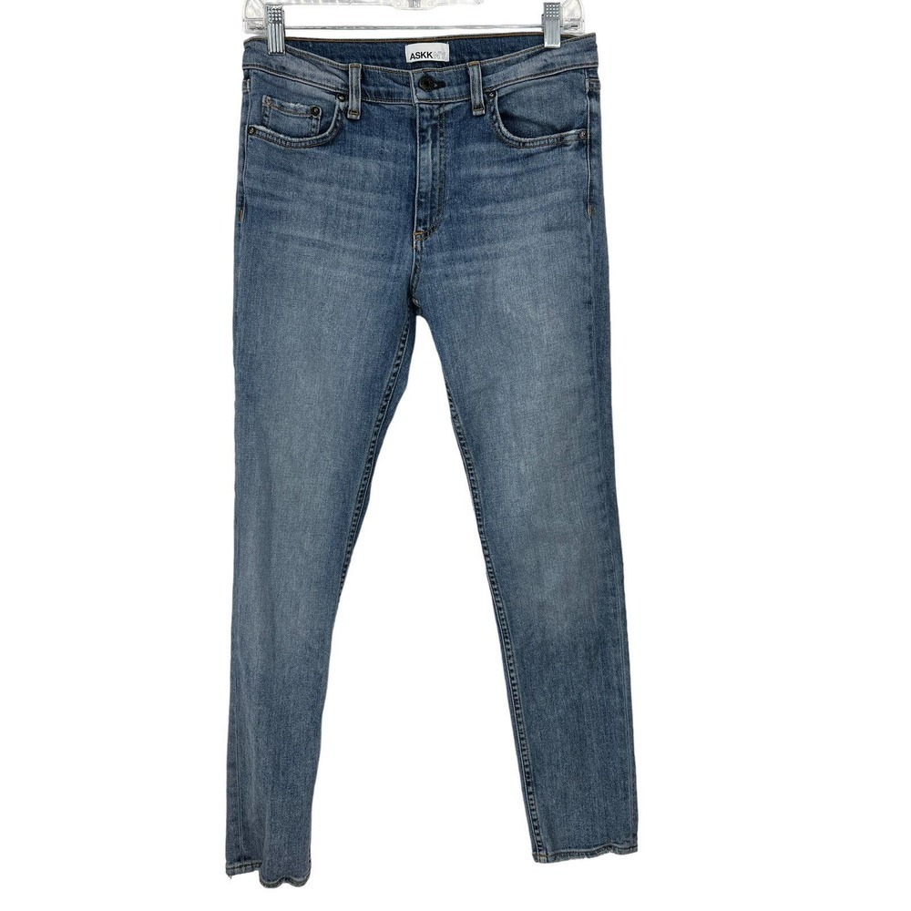 ASKK NY High Rise Waist‎ Skinny Frayed Hem Blue Denim Tapered Jeans Size 27